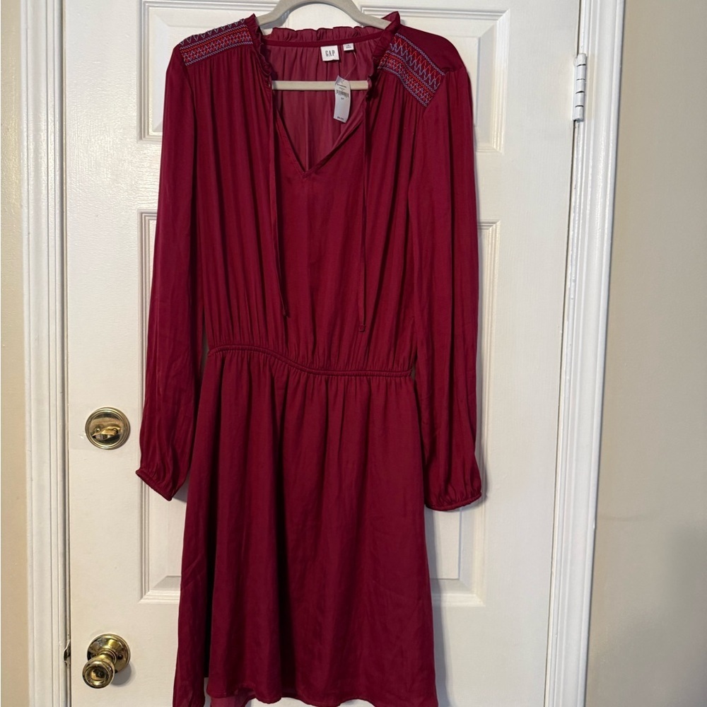 GAP Long-Sleeve Wine Red Embroidered Shoulder Dress